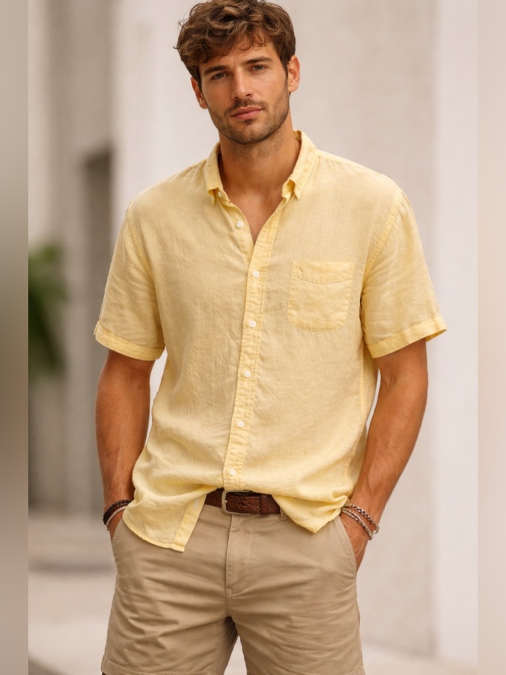 Lands’ End Linen Shirt Mens XL Yellow Short Sleeve Button Lightweight